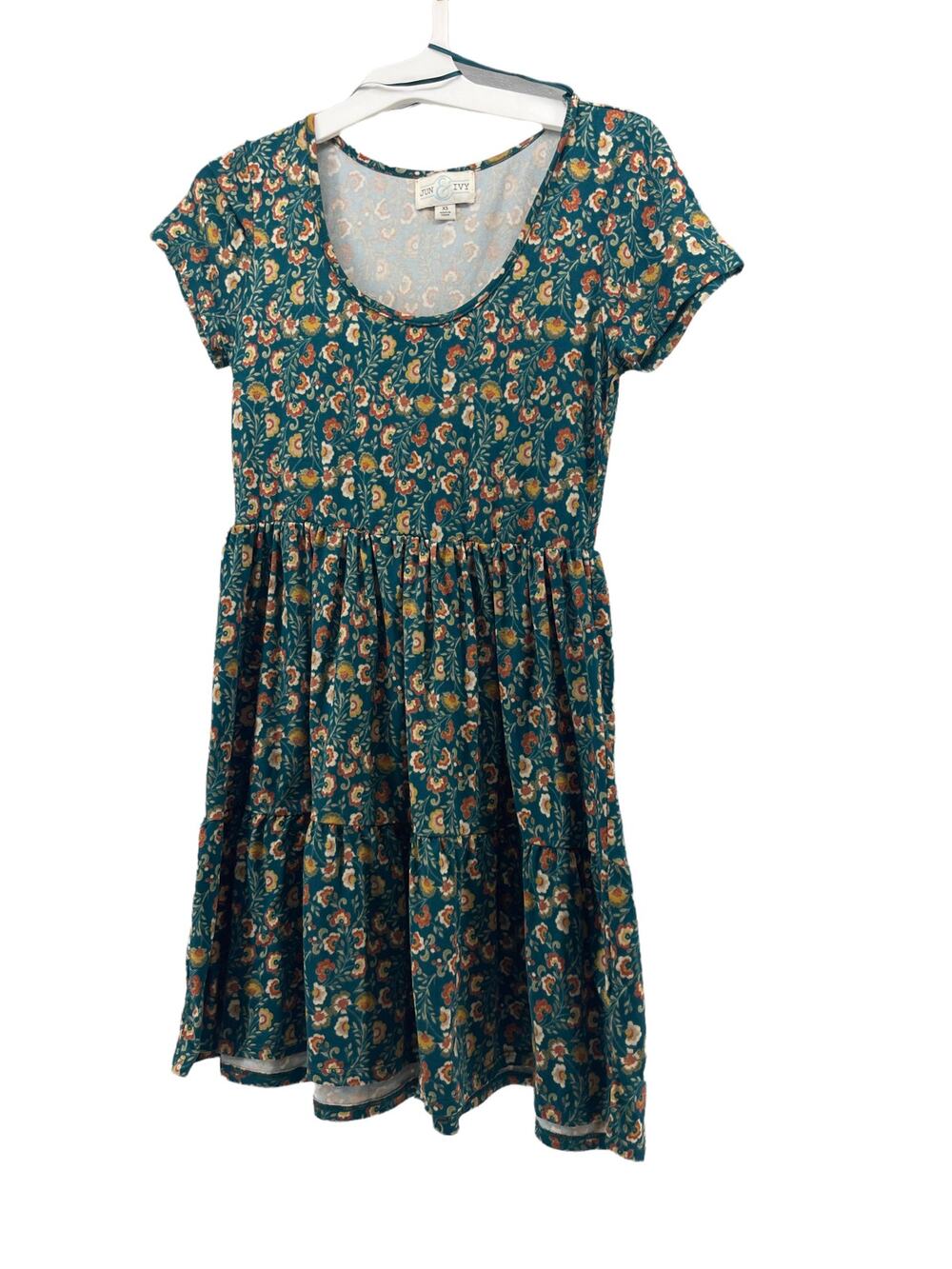 Jun & Ivy Teal Blue Floral Short Sleeve Mini A-Line Dress Women's Size XS